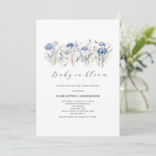 Baby in bloesem blauw bloemenjongen Baby shower Kaart (Staand voorkant)