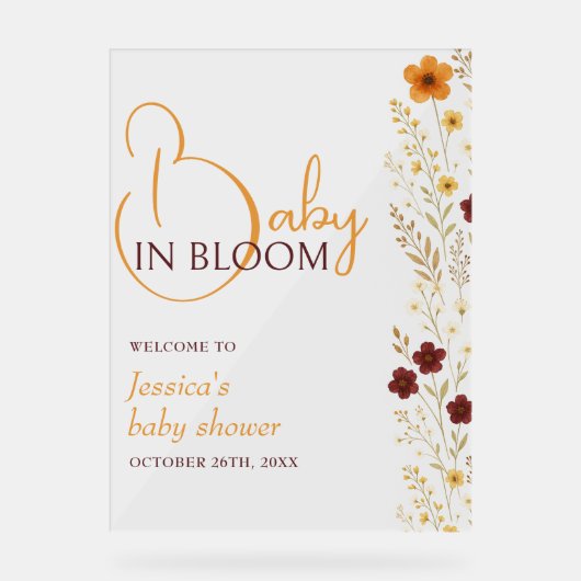 Baby in Bloom Autumn Baby shower Welkom Acryl Bord (Voorkant)
