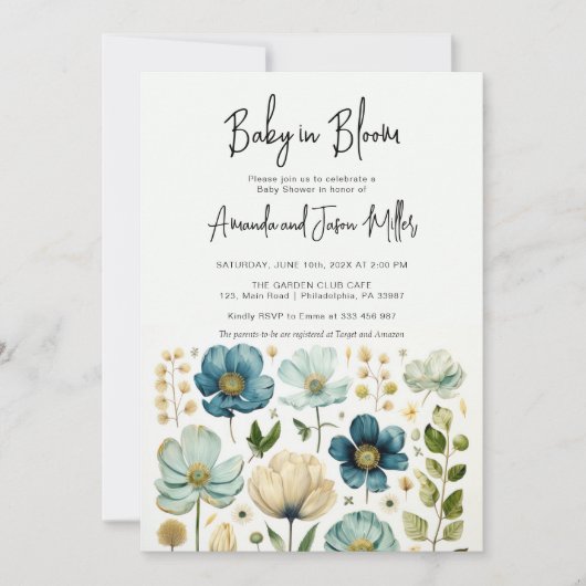 Baby in Bloom Baby shower Blue Boy Flowers Save The Date (Voorkant)