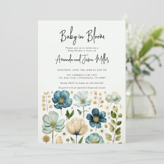 Baby in Bloom Baby shower Blue Boy Flowers Save The Date (Staand voorkant)