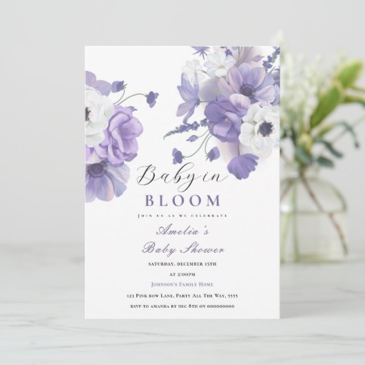 Baby in Bloom Baby shower Elegante Paarse Bloemen Kaart (Staand voorkant)