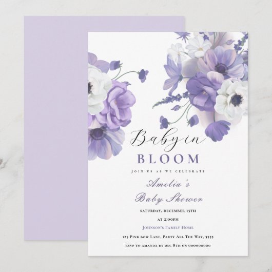 Baby in Bloom Baby shower Elegante Paarse Bloemen Kaart (Voorkant / Achterkant)