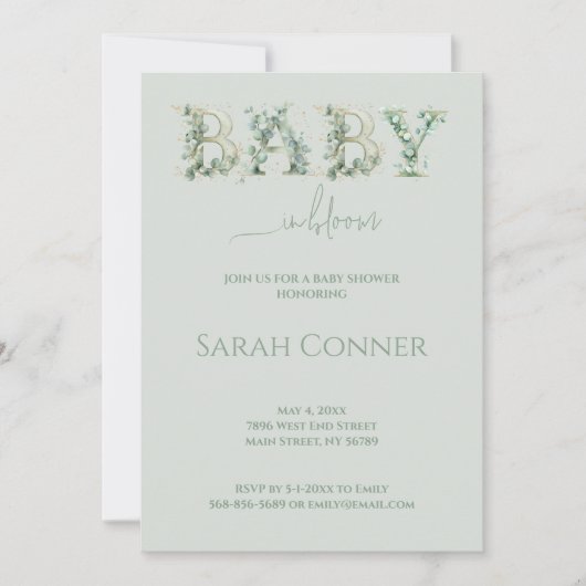 Baby in Bloom Baby Shower Eucalyptus Invitation Kaart (Voorkant)