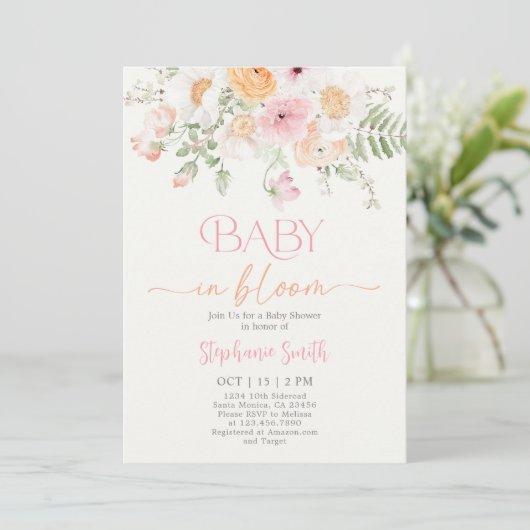 Baby in Bloom Baby shower Girl Invitation Kaart (Staand voorkant)