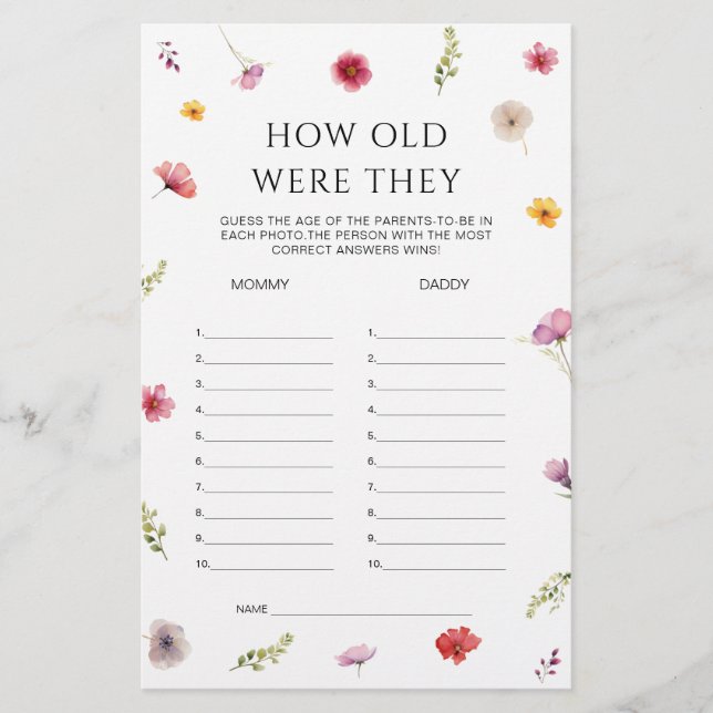 Baby in Bloom Baby shower Guess Leeftijdsspel (Voorkant)