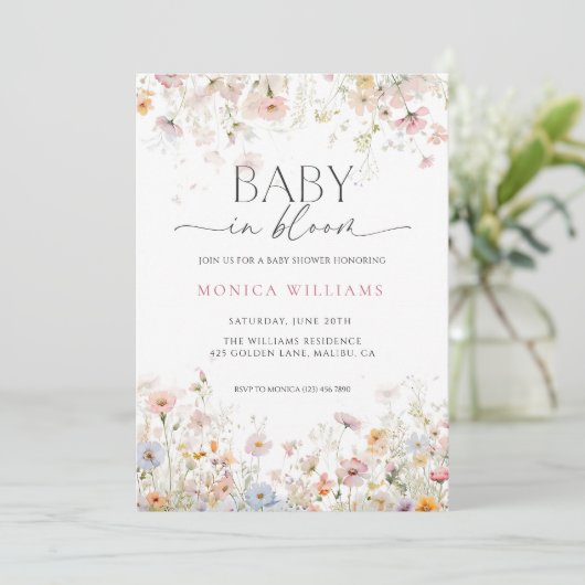 Baby in Bloom Baby Shower Invitation Editable Wild Kaart (Staand voorkant)