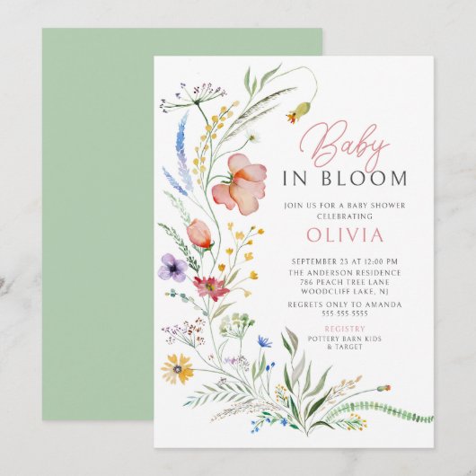 Baby in Bloom Baby shower Invitation Kaart (Voorkant / Achterkant)
