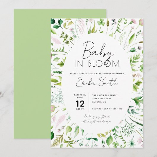 Baby in Bloom Baby shower Invitation Kaart (Voorkant / Achterkant)