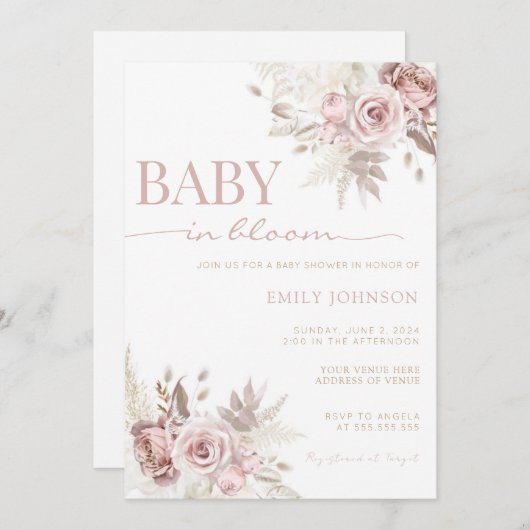 Baby in Bloom Baby shower Invitation Kaart (Voorkant / Achterkant)