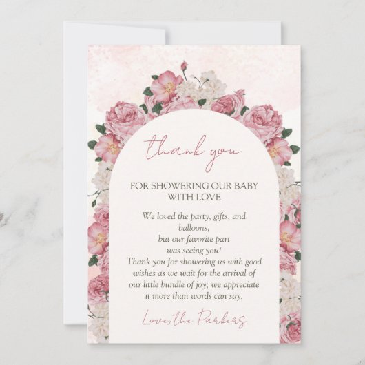 Baby in Bloom Baby shower Roze Bloemen Bedankkaart (Voorkant)