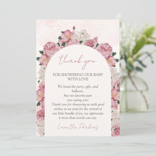 Baby in Bloom Baby shower Roze Bloemen Bedankkaart (Staand voorkant)