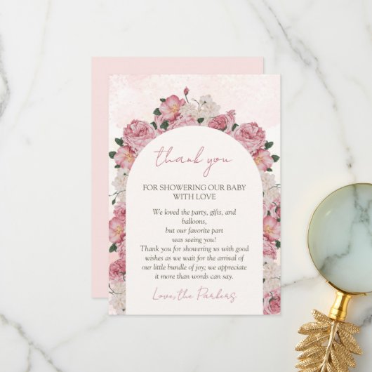 Baby in Bloom Baby shower Roze Bloemen Bedankkaart (Voorkant / Achterkant in situ)