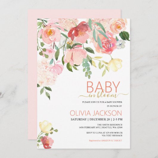 Baby in Bloom Baby shower-uitnodiging Feestdagenkaart (Voorkant / Achterkant)