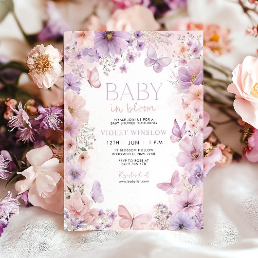 Baby in Bloom Baby shower Vlinder Bloemen Paarse Kaart