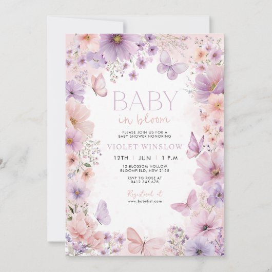 Baby in Bloom Baby shower Vlinder Bloemen Paarse Kaart (Voorkant)