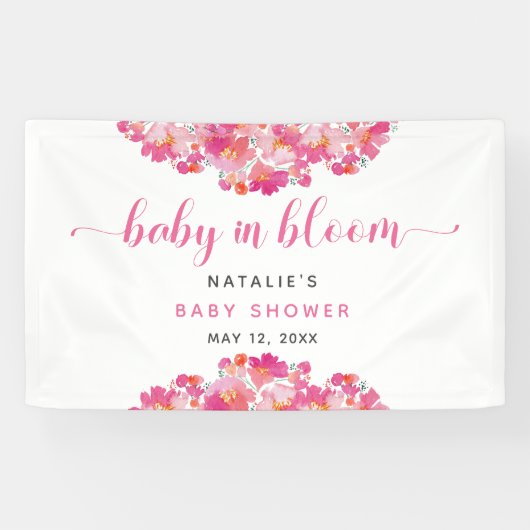 Baby in Bloom Baby Shower Welkom Achtergrond Roze Spandoek (Horizontaal)