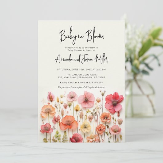 Baby in Bloom Baby shower Zomerbloemen Save The Date (Staand voorkant)