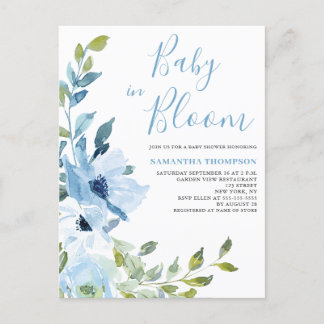 Baby in Bloom Blauw Bloemen Baby shower Briefkaart