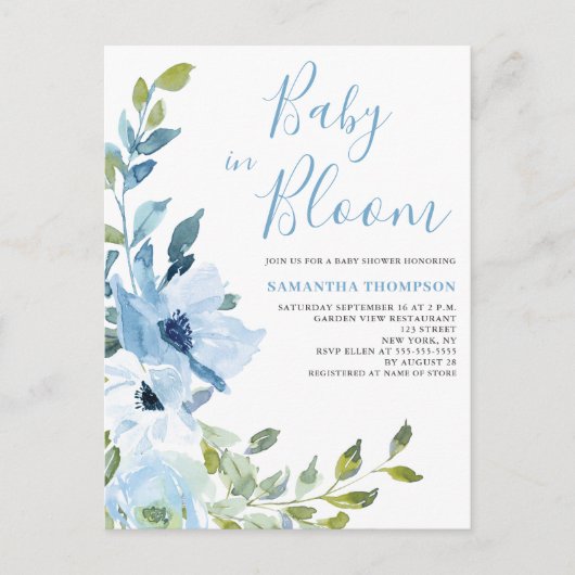 Baby in Bloom Blauw Bloemen Baby shower Briefkaart (Voorkant)