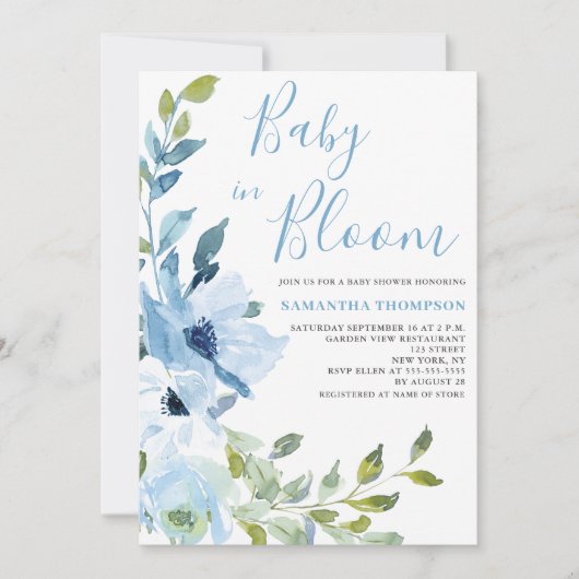 Baby in Bloom Blauw Bloemen Baby shower Kaart (Voorkant)