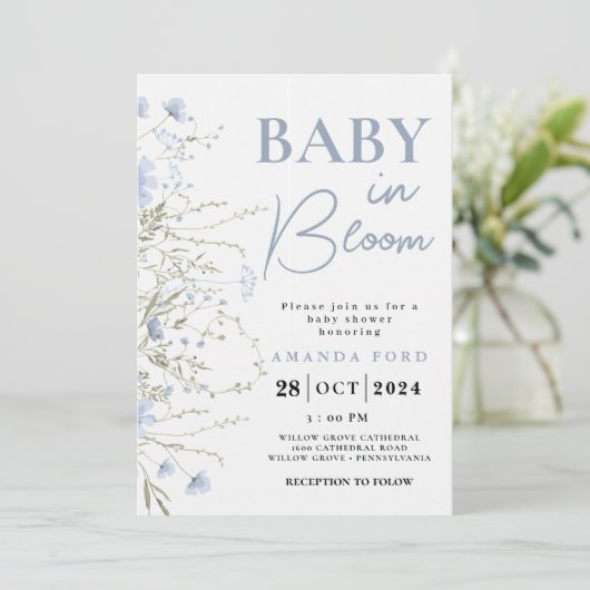 Baby in Bloom blauw Bloemen Wildflowers Baby showe Kaart (Staand voorkant)