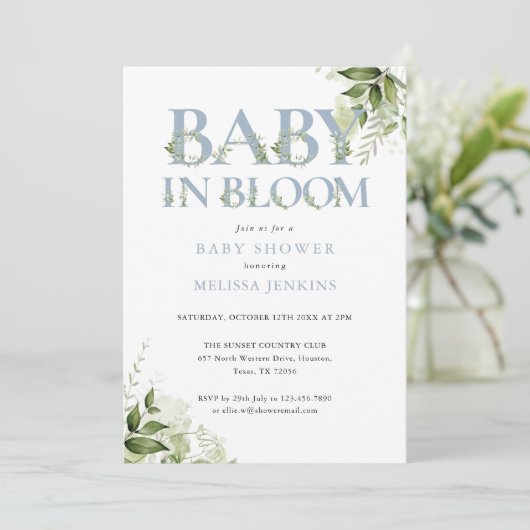 Baby In Bloom Blauw Groene All In One Baby Shower Kaart (Staand voorkant)