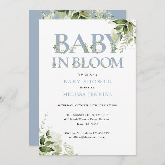 Baby In Bloom Blauw Groene All In One Baby Shower Kaart (Voorkant / Achterkant)