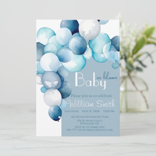 Baby in Bloom blauwe ballonnen boog baby shower Kaart (Staand voorkant)