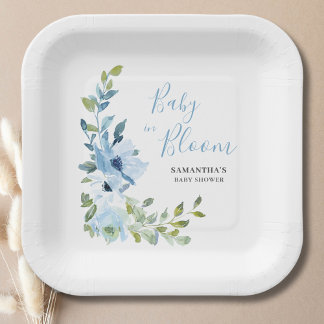 Baby In Bloom Blauwe Bloemen Baby Shower Papieren Bordje