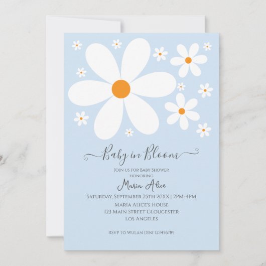 Baby in Bloom Blauwe Daisy Baby Shower Uitnodiging (Voorkant)