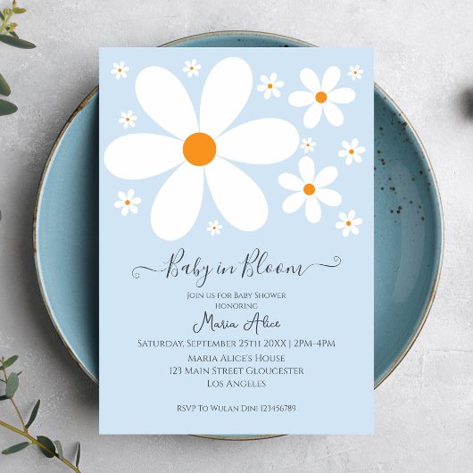 Baby in Bloom Blauwe Daisy Baby Shower Uitnodiging
