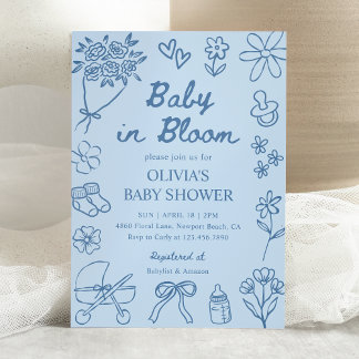 Baby in Bloom Blauwe Handgetekende Jongens Baby Sh Kaart