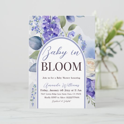 Baby in Bloom Blauwe Jongens Bloemen Baby Shower Kaart (Staand voorkant)