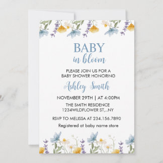 Baby in Bloom Blauwe Wilde Bloem Baby Shower Kaart