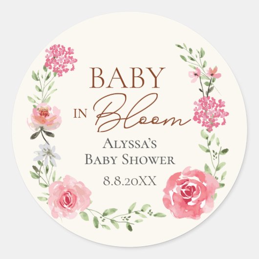 Baby In Bloom Bloem Thema Baby shower Aangepast Ronde Sticker (Voorkant)