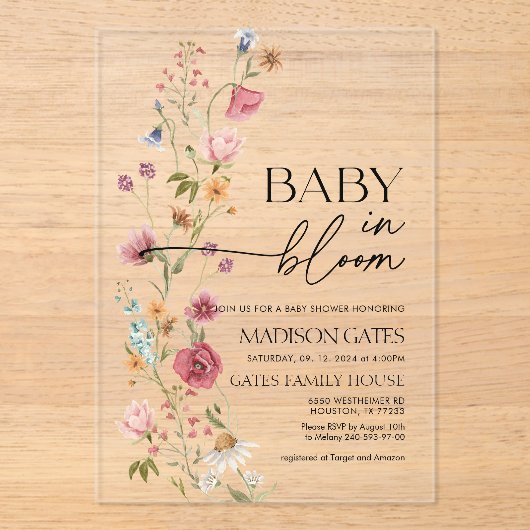 Baby in Bloom Bloemen Acryl Uitnodiging (Voorkant)