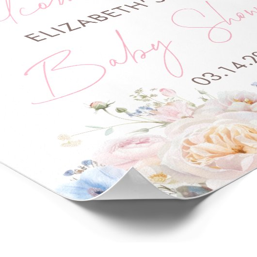 Baby in Bloom Bloemen Roze Baby shower Welkomstber Poster (Hoek)
