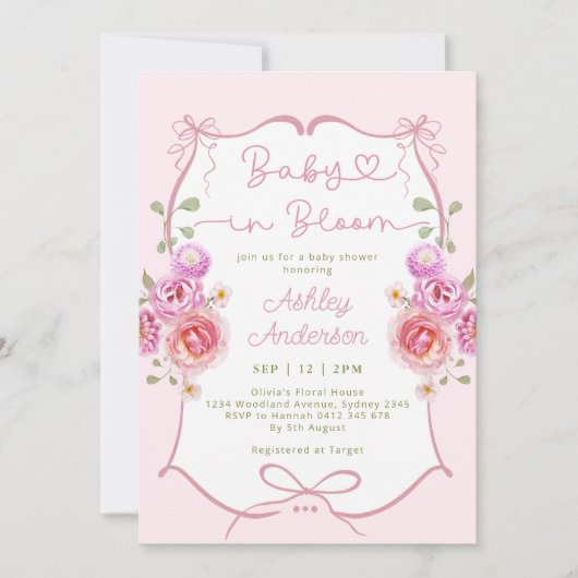 Baby in Bloom Bloemen Roze Bow Baby shower Kaart (Voorkant)