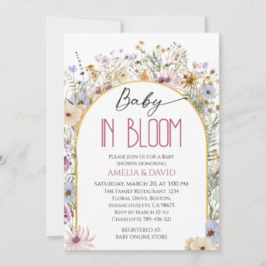 Baby in Bloom Bloemenboog Baby shower Uitnodiging (Voorkant)