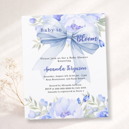 Baby in bloom blue bow boy Baby shower uitnodiging