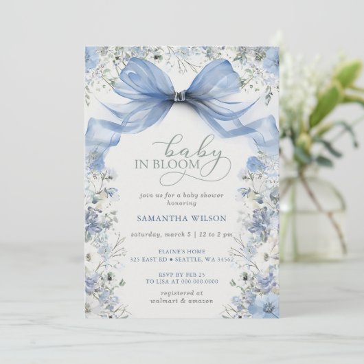 Baby in Bloom Blue Bow Floral Boy Baby shower Kaart (Staand voorkant)