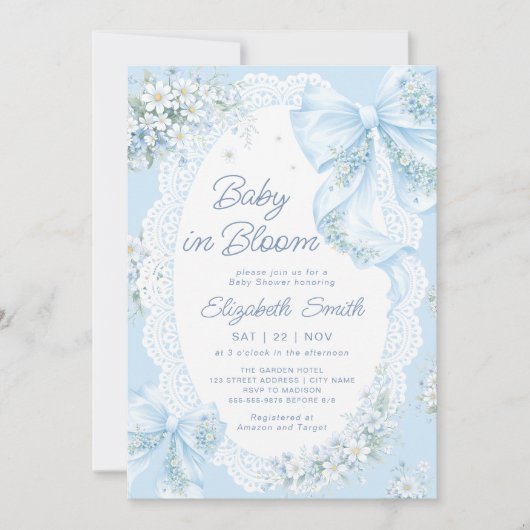 Baby in Bloom Blue Bow Floral Boy Baby Shower Kaart (Voorkant)