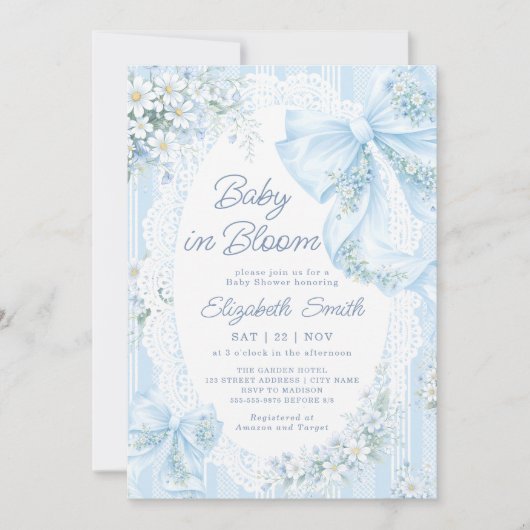 Baby in Bloom Blue Bow Floral Lace Baby Shower Kaart (Voorkant)