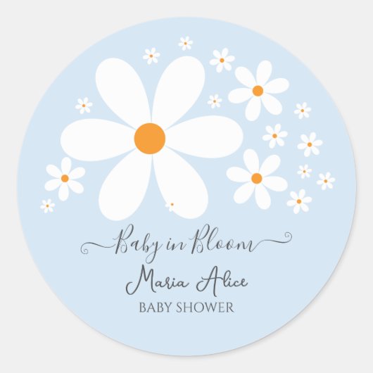 Baby in Bloom Blue Daisy Baby shower Ronde Sticker (Voorkant)