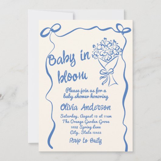 Baby in Bloom Blue Drawn Bloem Boeket Douche Kaart (Voorkant)