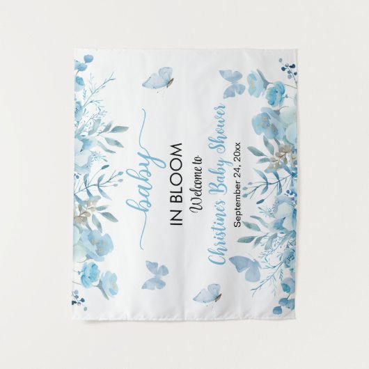 Baby in Bloom Blue Floral Baby shower Achtergrond Wandkleed (Voorkant)