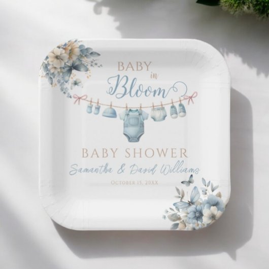 Baby in Bloom Blue Floral Baby Shower Papieren Bordje