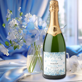 Baby in Bloom Blue Floral Baby shower Sparkling Wijnetiket