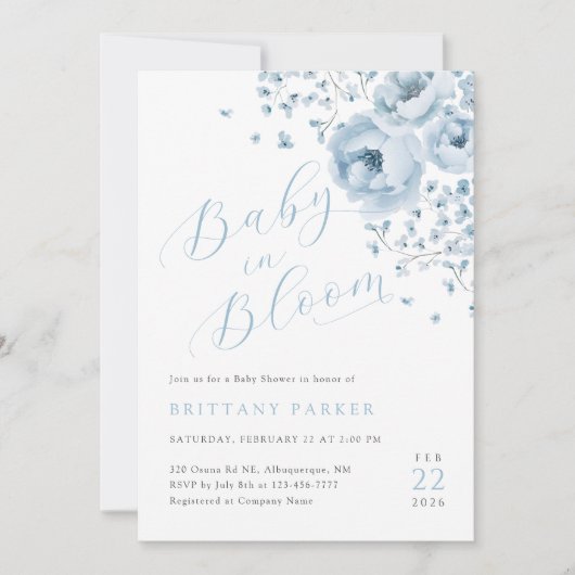 Baby in Bloom Blue Floral Baby shower Uitnodiging