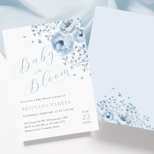 Baby in Bloom Blue Floral Baby shower Uitnodiging